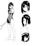  1girl aoreyo asymmetrical_clothes badminton badminton_racket black_hair blush bucket drooling full_body hair_tucking hanebado! highres holding looking_at_viewer monochrome multiple_views racket shiwahime_yuika short_hair single_bare_shoulder smile sportswear standing 