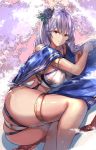  1girl ahoge belt blue_cape braid breasts cafe_au_lait_(kafeore) cape cleavage crop_top flower granblue_fantasy hair_between_eyes hair_flower hair_ornament large_breasts legs long_hair lying midriff navel on_side parted_lips sideboob silva_(granblue_fantasy) silver_hair swimsuit thigh_strap thighs twin_braids yellow_eyes 