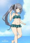  1girl beach bikini bikini_skirt blue_sky brown_eyes clouds dated day feet_out_of_frame frilled_bikini frills green_bikini grey_hair kantai_collection kasumi_(kantai_collection) lens_flare long_hair looking_at_viewer masara_(masalucky2010) outdoors side_ponytail sky smile solo swimsuit twitter_username 