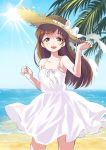  1girl amezawa_koma bare_shoulders beach blue_sky blush bow brown_eyes brown_hair collarbone commentary_request cowboy_shot day dress eyebrows_visible_through_hair hat hat_bow highres idolmaster idolmaster_cinderella_girls long_hair looking_at_viewer nitta_minami ocean open_mouth outdoors palm_tree ribbon sand shore sky sleeveless sleeveless_dress smile solo straw_hat sun sun_hat sundress sunlight tree water white_bow white_dress white_ribbon 