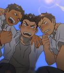  3boys black_hair blue_sky blush brown_hair chin_stroking clenched_hand from_below huddle kneeling lens_flare looking_at_another male_focus multiple_boys open_mouth original school_uniform sky smile st05254 surprised 