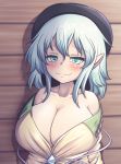  1girl alternate_breast_size aqua_eyes aqua_hair bangs bare_shoulders black_hat blush breasts cleavage commentary_request hair_between_eyes hat huge_breasts komeiji_koishi long_sleeves looking_at_viewer medium_hair pointy_ears smile solo touhou wooden_wall xialu_zajin 