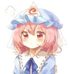 1girl =3 commentary frills hat highres japanese_clothes kimono mob_cap neck_ribbon pink_hair pout pudding_(skymint_028) red_eyes ribbon saigyouji_yuyuko short_hair simple_background solo touhou triangular_headpiece upper_body wavy_hair white_background 