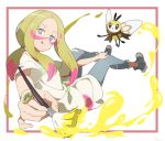  1girl :q blonde_hair blue_eyes facepaint gen_7_pokemon hari611 holding holding_paintbrush jewelry long_hair matsurika_(pokemon) paint paintbrush pants pokemon pokemon_(creature) pokemon_(game) pokemon_sm ribombee ring shirt short_sleeves simple_background tongue tongue_out torn_clothes torn_pants trial_captain white_background white_shirt 