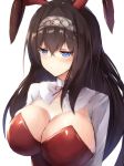  1girl animal_ears black_hair blue_eyes blush breasts bunny_girl bunnysuit cleavage detached_collar fake_animal_ears headband idolmaster idolmaster_cinderella_girls large_breasts leotard long_hair long_sleeves looking_at_viewer rabbit_ears sagisawa_fumika se-u-ra smile strapless strapless_leotard white_background 