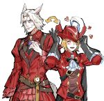  1boy 1girl animal_ears blonde_hair blue_eyes cat_ears cat_tail closed_eyes cosplay costume_switch facial_mark final_fantasy final_fantasy_xiv frischenq gloves hat hyur miqo&#039;te open_mouth pleated_skirt red_mage short_hair sketch skirt sweatdrop tail white_background x&#039;rhun_tia 