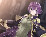  1girl aiueo1234853 bow brown_gloves closed_mouth fire_emblem fire_emblem:_kakusei fire_emblem:_shin_monshou_no_nazo gloves grey_eyes highres katarina_(fire_emblem) long_sleeves purple_bow purple_hair robe short_hair solo upper_body wide_sleeves 