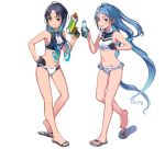  2girls alternate_costume bangs bikini black_gloves blue_eyes blue_hair blush border bottle breasts commentary frilled_bikini_bottom full_body gloves gradient gradient_background gradient_hair green_eyes grin hair_bobbles hair_ornament hair_over_shoulder half_gloves hand_on_hip kantai_collection long_hair low_twintails midriff multicolored_hair multiple_girls navel parted_bangs ramune samidare_(kantai_collection) sandal_removed sandals signature smile splashing suzukaze_(kantai_collection) swept_bangs swimsuit tan teeth tonami_kanji twintails very_long_hair water water_gun white_background white_bikini 