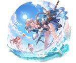  1boy 2girls bangs bare_shoulders beach belt_pouch bikini bikini_skirt bikini_top black_hair blue_eyes blue_sky breasts brown_hair cleavage clouds cloudy_sky collarbone day detached_sleeves earrings farrah_(granblue_fantasy) flipped_hair granblue_fantasy holding jacket jewelry juri_(granblue_fantasy) katalina_aryze long_hair long_sleeves medium_breasts minaba_hideo multiple_girls off_shoulder official_art one_eye_closed open_clothes open_jacket open_mouth outdoors pouch shiny short_hair silver_hair sky smile sun sunlight swimsuit sword transparent_background wading water water_drop weapon white_bikini 