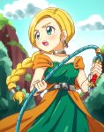  1girl :o bianca blonde_hair blue_sky blush bracelet braid breasts cape clouds collarbone day dragon_quest dragon_quest_v dress earrings green_dress green_eyes highres holding holding_whip jewelry long_hair medium_breasts neck_ring nurutema open_mouth orange_cape outdoors single_braid sky solo teeth whip 