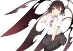  1girl between_legs biting black_hair black_legwear black_skirt blood commentary_request finger_biting hair_ornament hairclip hand_between_legs highres looking_at_viewer original pantyhose pleated_skirt red_eyes shirt short_hair short_sleeves simple_background skirt solo tsunekichi white_background white_shirt 