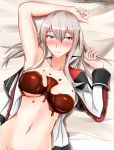  1girl blush breasts chocolate_on_breasts closed_mouth eyebrows_visible_through_hair graf_zeppelin_(kantai_collection) grey_eyes grey_hair hair_between_eyes jewelry kantai_collection large_breasts long_sleeves looking_at_viewer lying lying_on_bed military military_uniform misono_thiaki open_clothes ring solo uniform valentine wedding_ring 