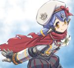  1girl android arms_behind_back bangs beret bow cape closed_mouth flower hana_(xenoblade) hat hat_bow highres lily_(flower) looking_at_viewer orange_eyes purple_hair red_bow red_cape robot_joints short_hair short_twintails smile solo torn_cape twintails white_flower white_hat xenoblade_(series) xenoblade_2 yazwo 
