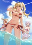  3girls :d :o ahoge animal_ears ball beachball bead_bracelet beads bikini blonde_hair blue_bikini blue_sky bracelet breasts cleavage clouds commentary_request dress ears_through_headwear eyebrows_visible_through_hair fate/grand_order fate_(series) fox_ears glasses green_eyes hair_over_one_eye hat highres holding holding_ball jewelry large_breasts long_hair mash_kyrielight multiple_girls navel nero_claudius_(fate)_(all) nero_claudius_(swimsuit_caster)_(fate) open_mouth partially_submerged pink_hair redhead short_hair side-tie_bikini sky smile standing straw_hat striped striped_bikini swimsuit tamamo_(fate)_(all) tamamo_no_mae_(swimsuit_lancer)_(fate) twintails usuke_(u_skeeep) violet_eyes water wet white_dress yellow_eyes 