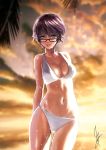  1girl arms_behind_back artist_name bangs blurry blurry_background breasts brown_eyes brown_hair cleavage clouds cloudy_sky commentary_request cowboy_shot depth_of_field droplet glasses highres ikeda_(hayato) light_smile lips looking_at_viewer medium_breasts navel open_mouth orange_sky original outdoors palm_tree short_hair signature skindentation sky solo standing string_bikini thighs tree wet 