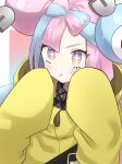  +_+ 1girl :t absurdres aqua_hair bangs blush character_hair_ornament closed_mouth commentary_request eyelashes hair_ornament hands_up highres ibuki_(fjjjjjt) iono_(pokemon) jacket multicolored_hair pink_hair pokemon pokemon_(game) pokemon_sv pout solo two-tone_hair upper_body yellow_jacket 