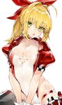  1girl absurdres ahoge bangs blonde_hair blush bow breasts chestnut_mouth choker cleavage collarbone eyebrows_visible_through_hair fate/extra fate_(series) gloves green_eyes hair_between_eyes hair_bow hair_intakes highres kou_mashiro large_breasts leotard long_hair looking_at_viewer nero_claudius_(fate) nero_claudius_(fate)_(all) open_mouth ponytail puffy_short_sleeves puffy_sleeves red_bow red_legwear short_sleeves simple_background solo thigh_strap white_background white_gloves white_leotard 