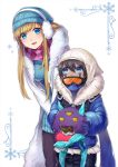  1boy 1girl bent_over black_hair blonde_hair blue_eyes chocolate chocolate_heart commentary dark_skin dark_skinned_male earmuffs eating eyebrows_visible_through_hair facial_mark food food_on_face fur_coat fur_collar gloves goggles heart hood hooded_jacket jacket knit_hat konomoto_(knmtzzz) league_of_legends long_hair malzahar monster open_mouth scarf syndra winter_clothes younger 