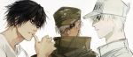  3boys absurdres baseball_cap biting black_hair captain_(hellsing) close-up crossover death_note finger_biting hair_over_one_eye hat hataraku_saibou hellsing highres l_(death_note) looking_at_another male_focus messy_hair multiple_boys multiple_crossover peaked_cap redhead shirt simple_background trait_connection u-1146 white_background white_blood_cell_(hataraku_saibou) white_hair white_shirt 
