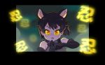  1girl :p animal_ears bare_shoulders black_gloves black_hair cat_ears character_request collar commentary_request elbow_gloves extra_ears eyebrows_visible_through_hair gloves glowing glowing_eyes highres kemono_friends korean_commentary looking_at_viewer orange_eyes roonhee short_hair solo tongue tongue_out v-shaped_eyebrows 