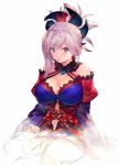  1girl benitama blue_eyes breasts cleavage criss-cross_halter detached_collar eyebrows_visible_through_hair fate/grand_order fate_(series) folded_ponytail hair_ornament halterneck highres large_breasts magatama miyamoto_musashi_(fate/grand_order) navel pink_hair short_hair sidelocks single_sidelock sitting sketch solo 