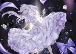  1girl alternate_costume azur_lane backlighting bangs blush breasts bridal_veil crown dress enterprise_(azur_lane) eyebrows_visible_through_hair floating_hair flower highres ikasoke_(likerm6au) large_breasts layered_dress long_hair looking_at_viewer mini_crown silver_hair smile solo veil very_long_hair violet_eyes wedding_dress wind wind_lift 