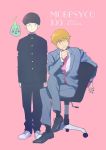  2boys bangs black_eyes black_hair black_legwear blunt_bangs blush_stickers bowl_cut brown_hair chair ekubo_(mob_psycho_100) formal gakuran kageyama_shigeo long_sleeves looking_at_viewer male_focus mob_psycho_100 momoiro_oji multiple_boys necktie office_chair pink_background pink_neckwear reigen_arataka school_uniform shoes simple_background sitting smile smirk sneakers socks standing suit 