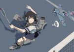  1girl aircraft airplane anchor badminton badminton_racket black_eyes black_hair black_sailor_collar black_skirt from_above fubuki_(kantai_collection) full_body hanebado! hanesaki_ayano holding_racket kantai_collection koubakotone looking_up machinery medium_hair miniskirt parody pleated_skirt ponytail racket sailor_collar school_uniform serafuku short_sleeves shuttlecock sidelocks skirt solo surprised trait_connection volleyball_net 