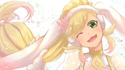  1girl animal_ears blonde_hair earmuffs fake_animal_ears fire_emblem fire_emblem_heroes gloves gradient_hair green_eyes highres long_hair multicolored_hair nakabayashi_zun one_eye_closed open_mouth pink_hair ponytail rabbit_ears sharena simple_background solo white_background white_gloves 