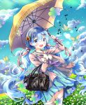  1girl :d alternate_hairstyle arm_up bag beamed_sixteenth_notes blue_eyes blue_hair blue_skirt blue_sky blush breasts brown_jacket clouds cloudy_sky commentary_request day dutch_angle eighth_note flower hair_flower hair_ornament hand_up highres holding holding_umbrella jacket long_hair long_sleeves looking_at_viewer low_twintails melynx_(user_aot2846) musical_note musical_note_print neckerchief open_clothes open_jacket open_mouth orange_flower outdoors pleated_skirt purple_neckwear re:zero_kara_hajimeru_isekai_seikatsu rem_(re:zero) round_teeth sailor_collar school_bag school_uniform sheet_music shirt sixteenth_note skirt sky small_breasts smile solo teeth thigh-highs treble_clef twintails umbrella upper_teeth very_long_hair white_flower white_legwear white_sailor_collar white_shirt yellow_umbrella 