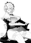  1girl :o apron ass breasts foreshortening frilled_panties frills glasses large_breasts looking_at_viewer maid maid_headdress monochrome natsupoi original panties puffy_sleeves sitting skindentation solo thigh-highs underwear 