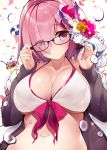  1girl absurdres adjusting_eyewear bare_shoulders bikini blush breasts cleavage closed_mouth collarbone cup drinking_straw eyebrows_visible_through_hair fate/grand_order fate_(series) food fou_(fate/grand_order) glasses grey_jacket hair_over_one_eye highres ice_cream jacket large_breasts lavender_hair looking_at_viewer mash_kyrielight medjed navel netarou open_clothes open_jacket petals short_hair simple_background solo swimsuit swimsuit_of_perpetual_summer violet_eyes water_drop white_background white_bikini 