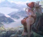  1girl bare_shoulders baseball_cap bottle breasts cliff drinking earrings fate/grand_order fate_(series) hangetsuban_sonshou hat jewelry lake large_breasts midriff miyamoto_musashi_(fate/grand_order) mountain ponytail scenery solo tank_top water_bottle white_hair 
