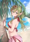  1girl beach bikini blue_sky chiki clouds day fire_emblem fire_emblem:_kakusei fire_emblem_heroes from_side green_eyes green_hair jiino long_hair looking_to_the_side mamkute palm_tree pink_sarong pointy_ears ponytail red_bikini sarong sky solo standing swimsuit tiara tree water 