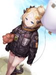  1girl abigail_williams_(fate/grand_order) balloon bangs black_bow black_jacket blonde_hair blue_eyes blue_sky blurry blurry_foreground blush bow closed_mouth clouds cloudy_sky commentary_request crossed_bandaids day depth_of_field dutch_angle fate/grand_order fate_(series) hair_bow hair_bun holding holding_balloon jacket long_hair long_sleeves medjed noruka-soruka object_hug orange_bow parted_bangs polka_dot polka_dot_bow sky sleeves_past_fingers sleeves_past_wrists smile solo stuffed_animal stuffed_toy suction_cups teddy_bear tentacle 