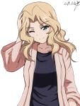  1girl artist_name black_shirt brown_jacket bukkuri casual closed_mouth commentary dated eyebrows_visible_through_hair girls_und_panzer hand_on_head head_tilt jacket kay_(girls_und_panzer) long_hair long_sleeves looking_at_viewer one_eye_closed open_clothes open_jacket shirt signature simple_background smile solo standing upper_body white_background wide_sleeves 