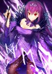  1girl bangs bare_shoulders breasts cleavage closed_mouth collarbone detached_collar dress emanon123 fate/grand_order fate_(series) fur_trim hair_between_eyes highres jewelry large_breasts long_hair looking_at_viewer necklace pendant purple_dress purple_hair red_eyes runes scathach_(fate)_(all) scathach_skadi_(fate/grand_order) smile solo thighs tiara wand wide_sleeves 