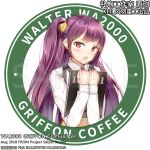  1girl apron artist_request blush chinese_commentary coffee commentary_request english girls_frontline logo_parody menu necktie sample solo starbucks wa2000_(girls_frontline) waitress 