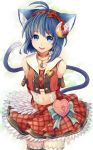  1girl :d absurdres ahoge animal_ears blue_eyes blue_hair bow cat_ears cat_tail character_request choker crescent crescent_hair_ornament crescent_necklace elbow_gloves fangs frills gloves hair_ornament hairband heart highres jewelry looking_at_viewer meracle_chamlotte midriff navel necklace open_mouth plaid plaid_skirt red_choker red_skirt skirt smile solo standing star_ocean star_ocean_anamnesis suspenders tail 
