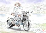  1girl ankle_boots arm_support artist_name azumi_(girls_und_panzer) black_pants blue_eyes blue_sky boots brown_footwear brown_hair casual closed_mouth clouds cloudy_sky dated day denim eyebrows_visible_through_hair girls_und_panzer ground_vehicle hair_intakes hand_in_hair highres jacket jeans kubota_shinji lake looking_at_viewer motor_vehicle motorcycle mountain one_eye_closed outdoors pants riding short_hair signature sitting sky smile solo tree vehicle_request watermark white_jacket 