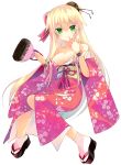  1girl arikawa_satoru bag blonde_hair bow bracelet breasts cleavage closed_mouth floral_print flower_knight_girl full_body green_eyes hair_bow hair_bun japanese_clothes jewelry kimono long_hair looking_at_viewer medium_breasts pink_bow pink_kimono print_kimono ryuzetsuran_(flower_knight_girl) simple_background smile solo tabi very_long_hair white_background 