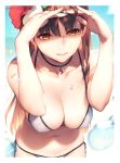  1girl 3: bikini breasts brown_hair choker cleavage closed_mouth collarbone cowboy_shot eyebrows_visible_through_hair flower hair_flower hair_ornament large_breasts lips long_hair medium_breasts navel orange_eyes original sasaoka_gungu shading_eyes side-tie_bikini solo swimsuit wet white_bikini 