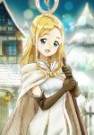  1girl :d black_gloves blonde_hair blue_eyes building cape dress eyebrows_visible_through_hair gloves highres holding holding_staff lantern long_hair looking_at_viewer nurutema octopath_traveler open_mouth ophilia_(octopath_traveler) outdoors pine_tree sidelocks sky smile solo staff tareme tree white_cape white_dress window 