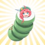 1girl :d ahoge blue_eyes braid commentary_request eyebrows_visible_through_hair hat hong_meiling knife knifed looking_at_viewer open_mouth redhead rope shirosato smile solo touhou wrapped_up 