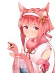  1girl animal_ears cat_ears closed_mouth fingerless_gloves fire_emblem fire_emblem_heroes fire_emblem_if fur_trim gloves hair_ornament hairband highres holding holding_spoon japanese_clothes pink_gloves pink_hair red_eyes red_ribbon ribbon sakura_(fire_emblem_if) short_hair simple_background sleeveless smile solo spoon unusablenameaaa white_background 