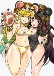  2girls ;) animal_hat bangs bear_hat bear_paws bikini black_hair black_swimsuit blonde_hair blue_hair breasts collarbone embarrassed eyebrows_visible_through_hair facial_mark fang forehead_mark gloves gradient_hair green_hair groin hat highres last_period leg_up long_hair looking_at_viewer medium_breasts mi_mi_ham monochrome_bears multicolored_hair multiple_girls navel one-piece_swimsuit one_eye_closed open_mouth paw_gloves paws purple_hair simple_background smile swimsuit thighs under_boob white_background white_bikini 
