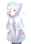  1girl :d black_legwear blue_capelet blue_eyes blue_hat blue_ribbon bow capelet character_name dennou_shoujo_youtuber_shiro dress fur-trimmed_capelet fur-trimmed_dress fur-trimmed_sleeves fur_trim hat long_sleeves mittens open_mouth pantyhose pom_pom_(clothes) red_bow ribbon shiro_(dennou_shoujo_youtuber_shiro) short_hair silver_hair simple_background sleeves_past_wrists smile solo suzumori_uina virtual_youtuber white_background white_dress white_mittens 