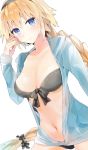  1girl bangs bikini black_bikini black_hairband black_scrunchie blonde_hair blue_eyes blue_jacket blush braid breasts cleavage closed_mouth commentary_request eyebrows_visible_through_hair fate/grand_order fate_(series) fingernails hair_between_eyes hair_ornament hair_scrunchie hairband hand_up highres hood hood_down hooded_jacket jacket jeanne_d&#039;arc_(fate) jeanne_d&#039;arc_(fate)_(all) long_hair long_sleeves medium_breasts navel open_clothes open_jacket scrunchie simple_background single_braid sleeves_past_wrists smile solo swimsuit tomozero very_long_hair white_background 