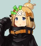  1girl :o abigail_williams_(fate/grand_order) arm_up bangs black_bow black_jacket blonde_hair blue_eyes blush bow commentary_request crossed_bandaids fate/grand_order fate_(series) fingernails green_background hair_bow hair_bun hiromotohiroki jacket long_hair long_sleeves notice_lines orange_bow parted_bangs parted_lips polka_dot polka_dot_bow simple_background sleeves_past_wrists solo 