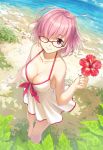  1girl bangs bare_arms bare_shoulders beach blue_sky blush breasts cleavage closed_mouth clouds cloudy_sky collarbone commentary_request day dress dress_swimsuit dutch_angle eyebrows_visible_through_hair fate/grand_order fate_(series) flower from_above glasses hair_over_one_eye holding holding_flower horizon kamome_yuu large_breasts looking_at_viewer looking_up mash_kyrielight ocean outdoors pink_hair red-framed_eyewear red_flower sand seashell shell sky smile solo standing starfish swimsuit_of_perpetual_summer violet_eyes water white_dress 